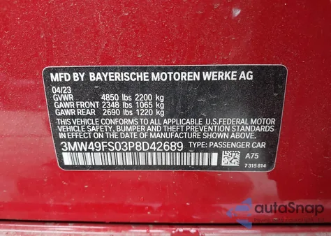 2023 BMW 3 Series M340I z USA, uszkodzony, nr VIN 3MW49FS03P8D42689